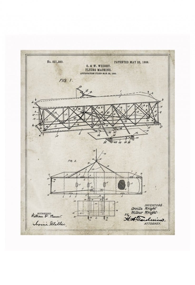 wright flyer blueprints 740x1081 Vintage Patent Application Posters