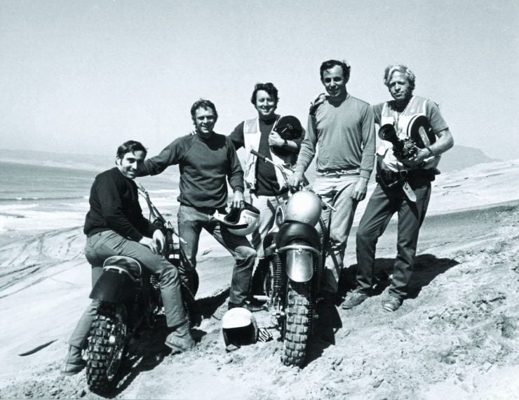 From left, rider Mert Lawwill, actor Steve McQueen, cameraman Bob Bagley, Malcolm Smith and producer Bruce Brown.