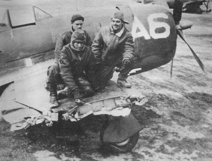 Brazilian P-47 Thunderbolt after impact with chimney; the pilot managed to land safely