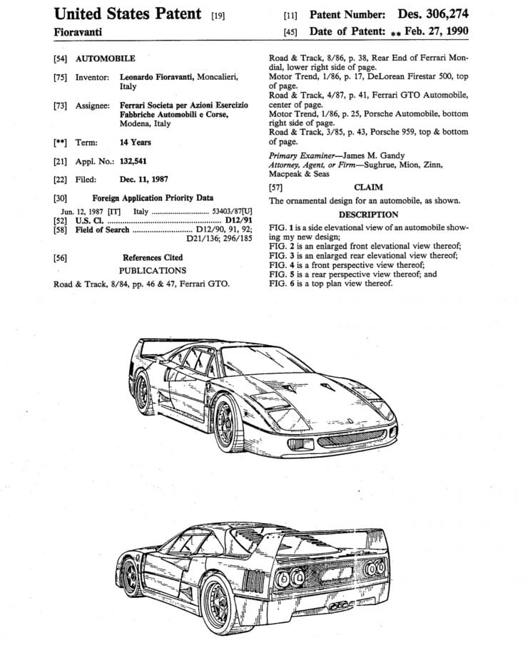 Ferrari F40 Patent Drawing