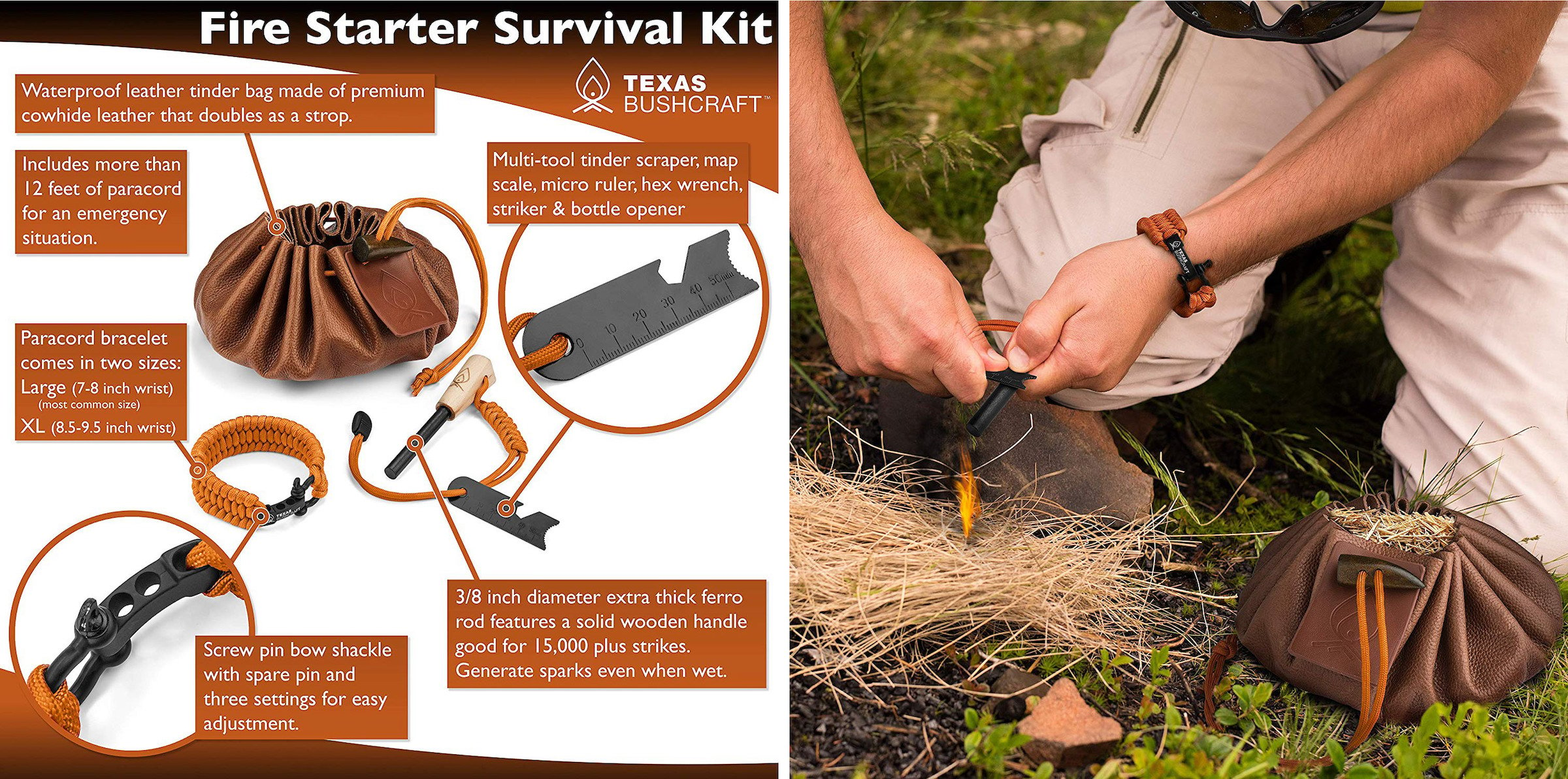 SURVIVAL KIT Mulit-Tool Fire Starter Wrench Paracord Bracelet Leather TINDER BAG 