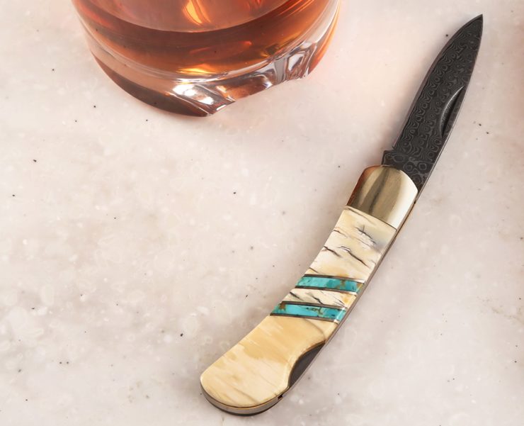 Mammoth Tusk + Turquoise Damascus Blade Pocket Knife By Santa Fe Stoneworks 1