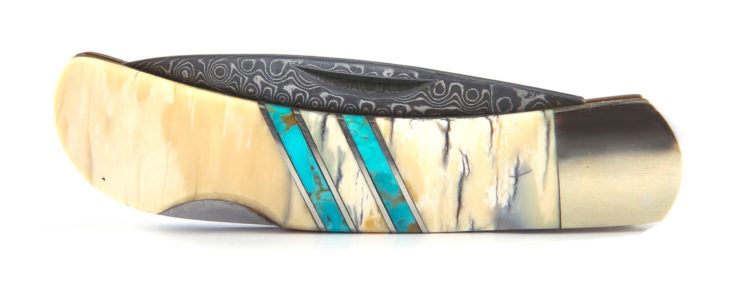 Mammoth Tusk + Turquoise Damascus Blade Pocket Knife By Santa Fe Stoneworks 3