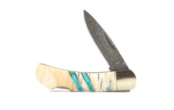 Mammoth Tusk + Turquoise Damascus Blade Pocket Knife By Santa Fe Stoneworks