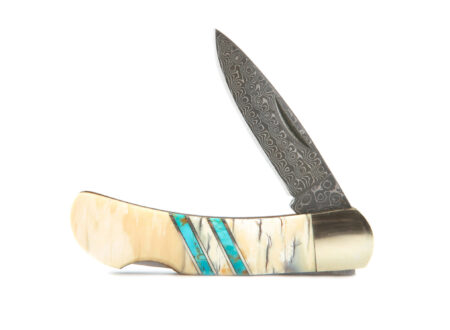 Mammoth Tusk + Turquoise Damascus Blade Pocket Knife By Santa Fe Stoneworks