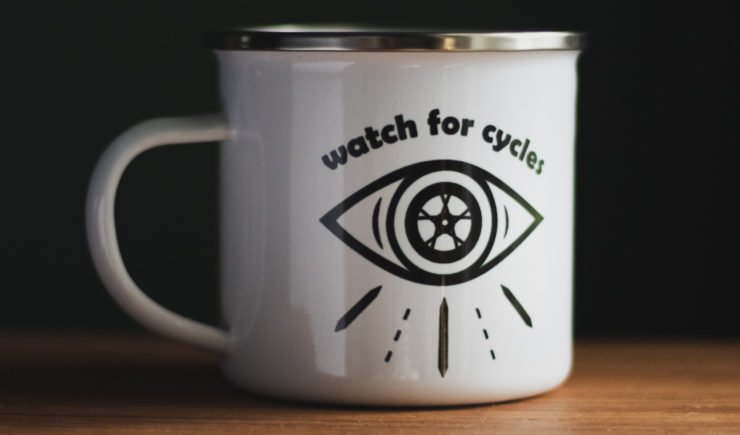 Watch For Cycles Enamel Mug Close Up