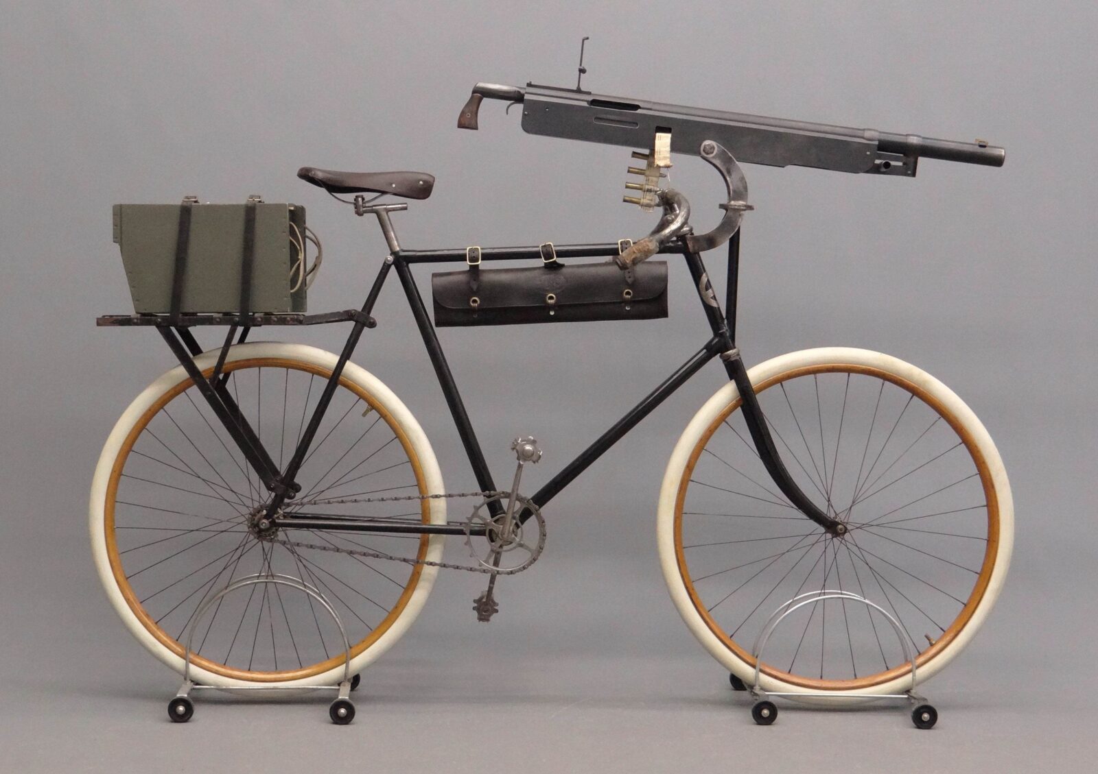 An 1897 Columbia Military Pneumatic Safety Bicycle (With A Machine Gun) - Columbia Military Pneumatic Safety Bicycle Machine Gun 1600x1129