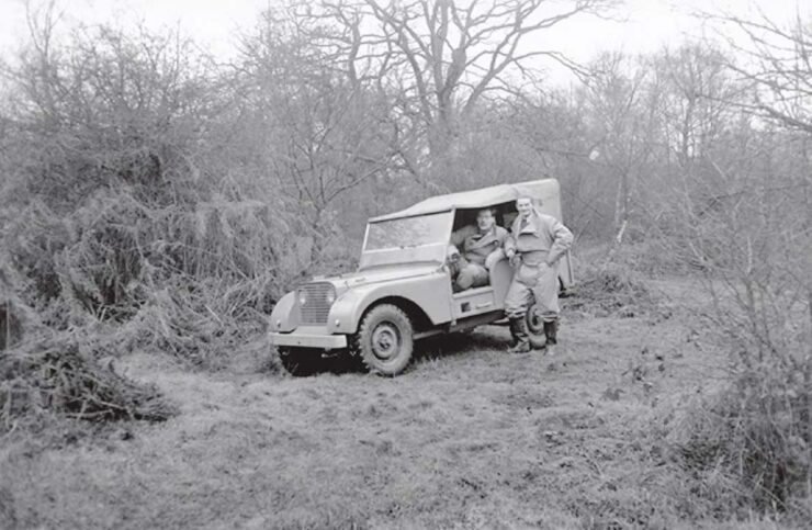 Spencer and Maurice Wilks with an early Land Rover prototype