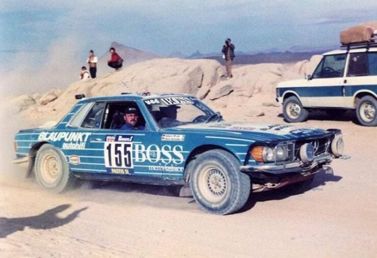 The Mercedes 500SLC in the Paris-Dakar Rally. Note the oversized tires that had been paired with lifted suspension and under-body armor plating