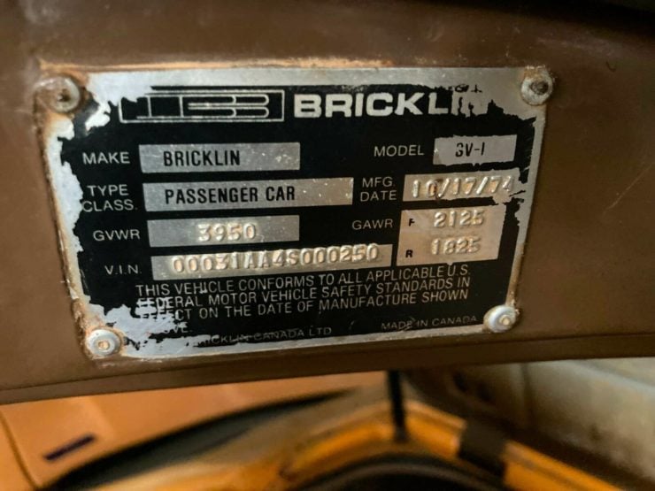 Bricklin SV-1 Project Car VIN Plate
