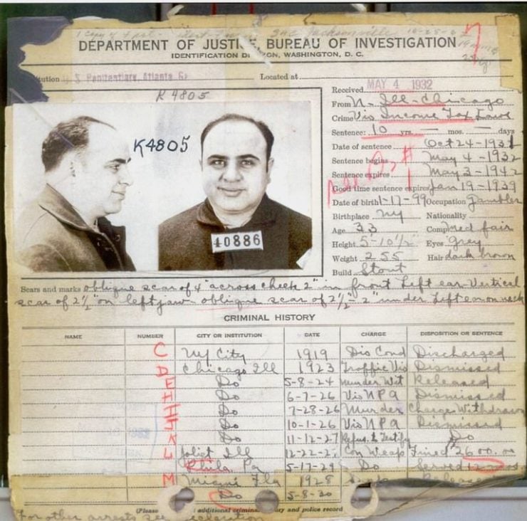 Al Capone's criminal record from U.S. Federal Penitentiary in Atlanta, Georgia 1932