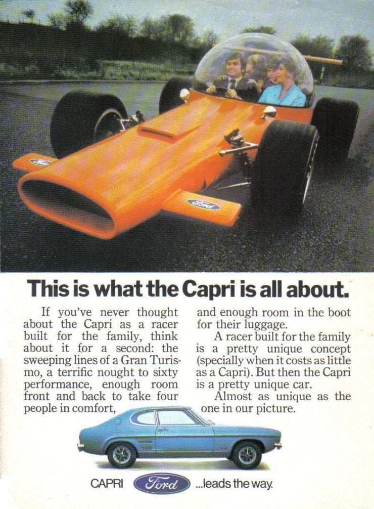 Ford Capri race car advertisement