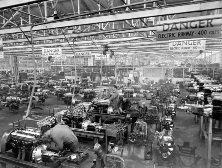 Jaguar XK Engines being tested on dynamometers at the Browns Lane plant in Coventry, England in 1956