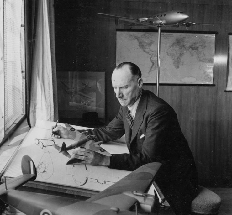 This is Captain Sir Geoffrey de Havilland, seen here working on the Mosquito design