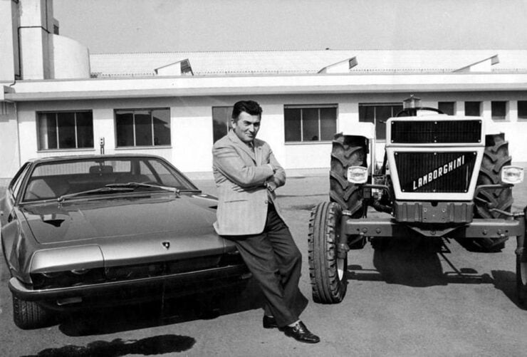 Ferruccio Lamborghini pictured here in 1970 with a Lamborghini Jarama and one of his tractors