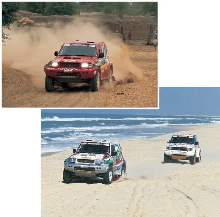 The Mitsubishi Pajero Evolution competing in the Paris Dakar Rally.