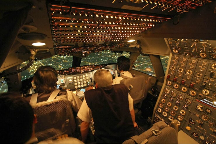 The cockpit of Iran Air Boeing 747-200 as seen on approach to Tehran's Mehrabad Airport at night