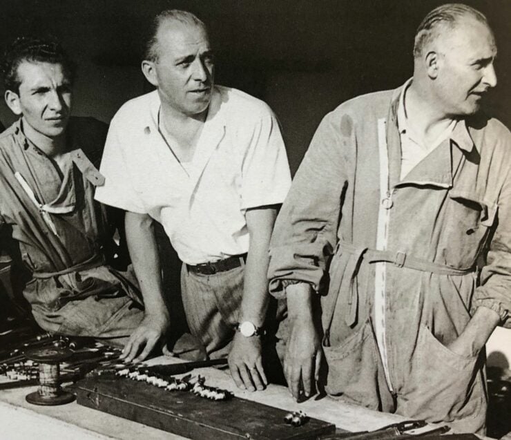 Gioacchino Colombo with with two Ferrari mechanics in 1949 at Monza