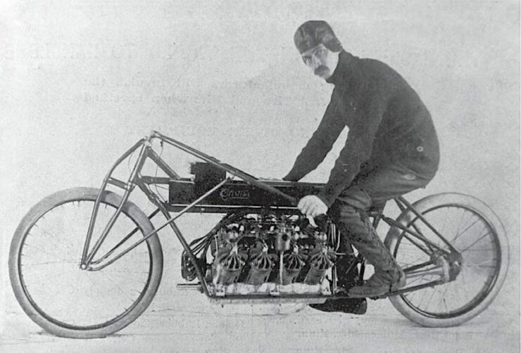 Glenn Curtiss on his V-8 motorcycle, Ormond Beach, Florida, in January 1906