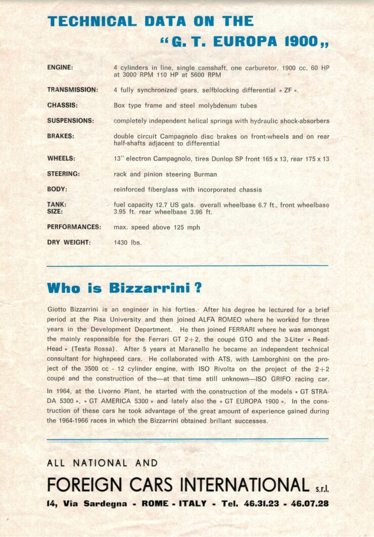 Brochure Bizzarrini 1900 GT Europa, pagina 2