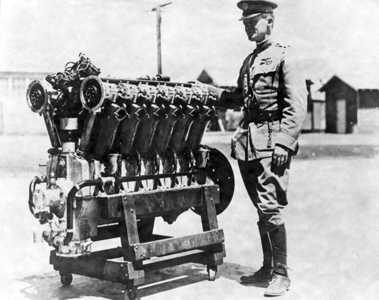 Major Henry H. Arnold with first Liberty V12 engine completed