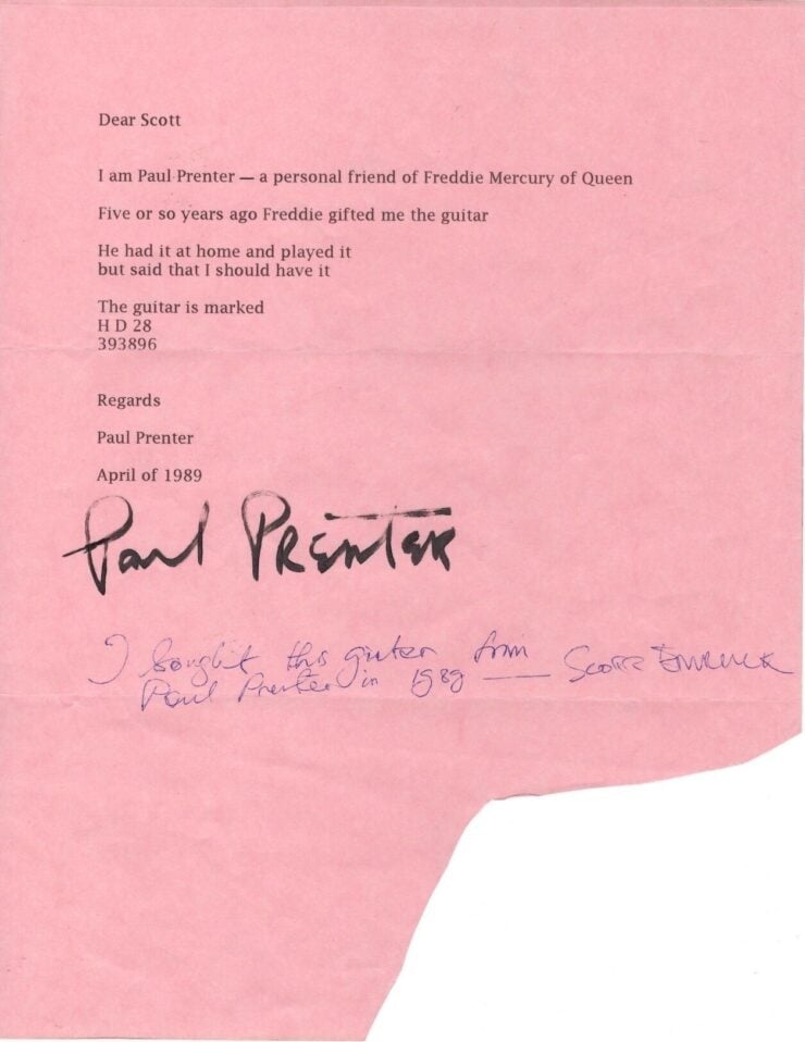 Freddie Mercury Martin HD-28 Guitar Letter of Provenance