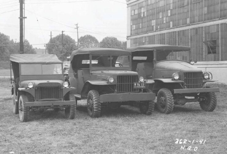 All 3 U.S. World War II light 4WD military utility vehicles that have been called 'Jeeps' – the ¼-ton Willys MA and both ½-ton and ¾-ton Dodge WC series, photographed at Holabird Quartermaster Depot