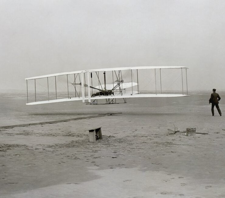 First successful flight of the Wright Flyer, by the Wright brothers. The machine traveled 120 ft in 12 seconds at 10-35am at Kill Devil Hills, North Carolina