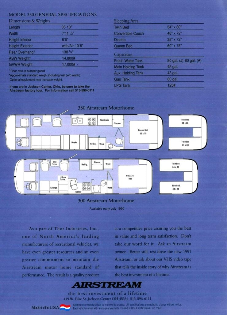 Airstream 350 LE Motorhome Floorplans Brochure