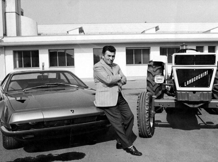 Ferruccio Lamborghini with a Lamborghini Jarama and one of his famous tractors
