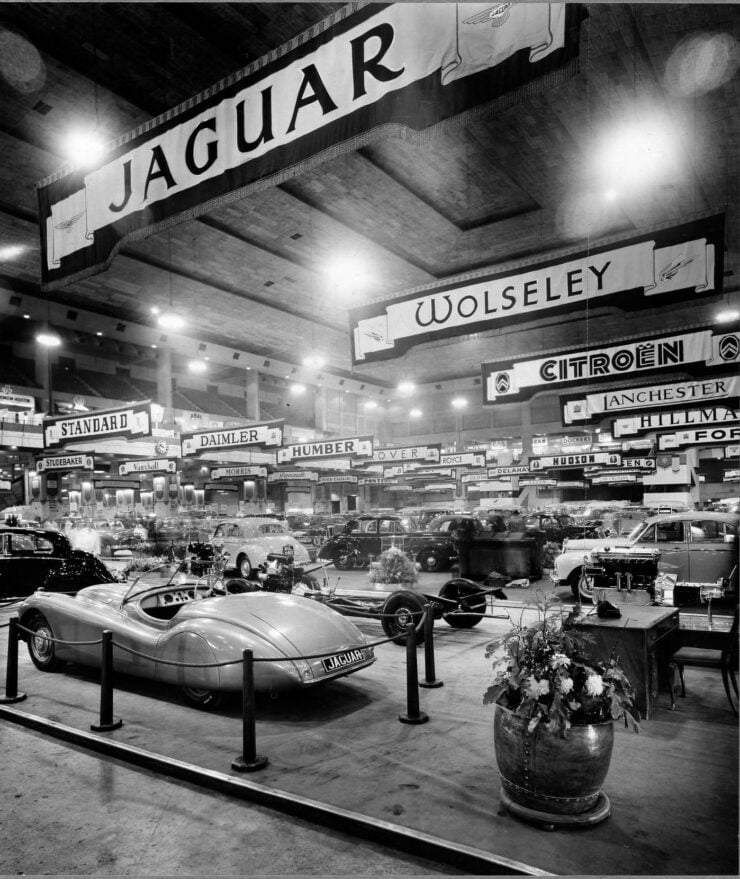 The Jaguar XK120 on display at stand 146 at the London Motor Show at Earls Court in 1948