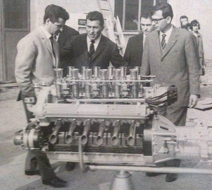 Giotto Bizzarrini, Ferruccio Lamborghini and Gian Paolo Dallara at Sant’Agata Bolognese in 1963, with a Lamborghini V12 engine prototype