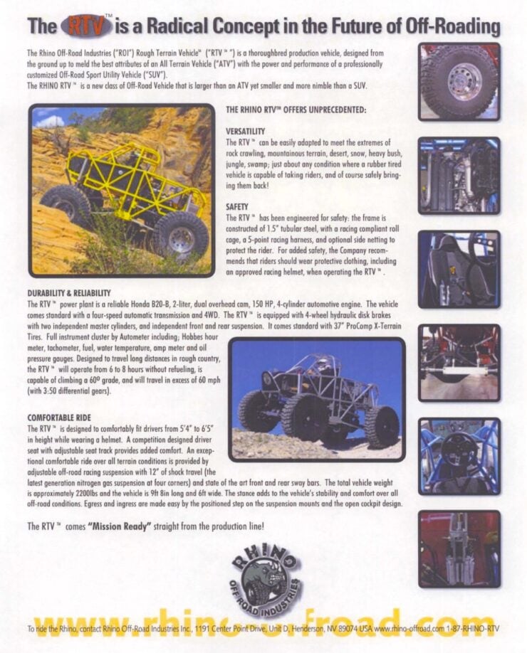 Rhino Off-Road Industries RTV XT1 Brochure Page 2