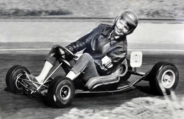 his undated photograph shows Faye “Lady Bug” Pierson piloting one of her own karts. She became one of the best female kart racers in the country, a natural talent she joked was developed in her previous job of delivering newspapers by van.