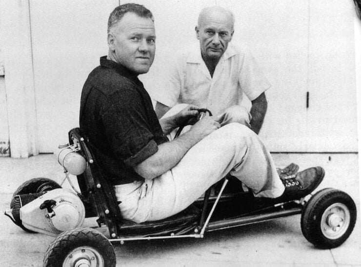 Art Ingels (on the left) and Lou Borelli (on the right) with the first go-kart outside Ingels workshop in Echo Park