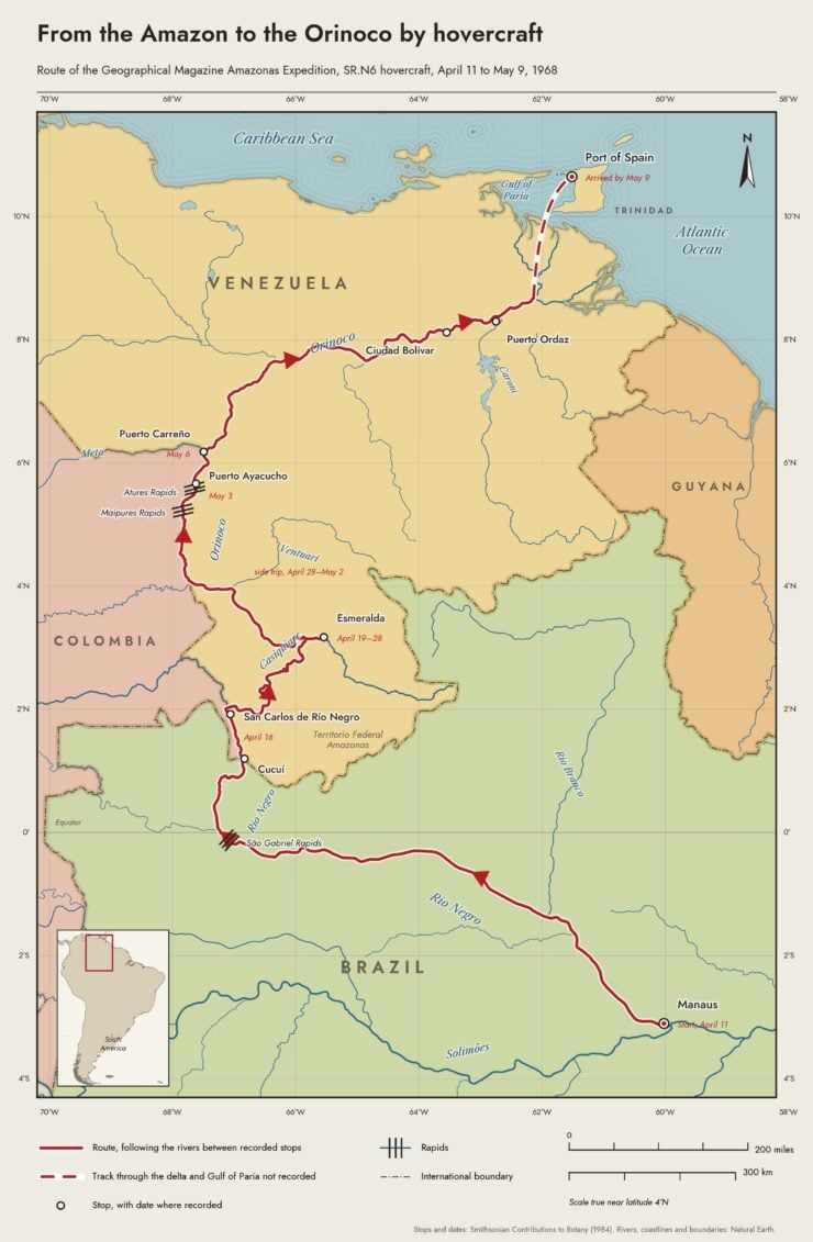 Geographical Magazine Amazonas Expedition by Hovercraft Map - 1968